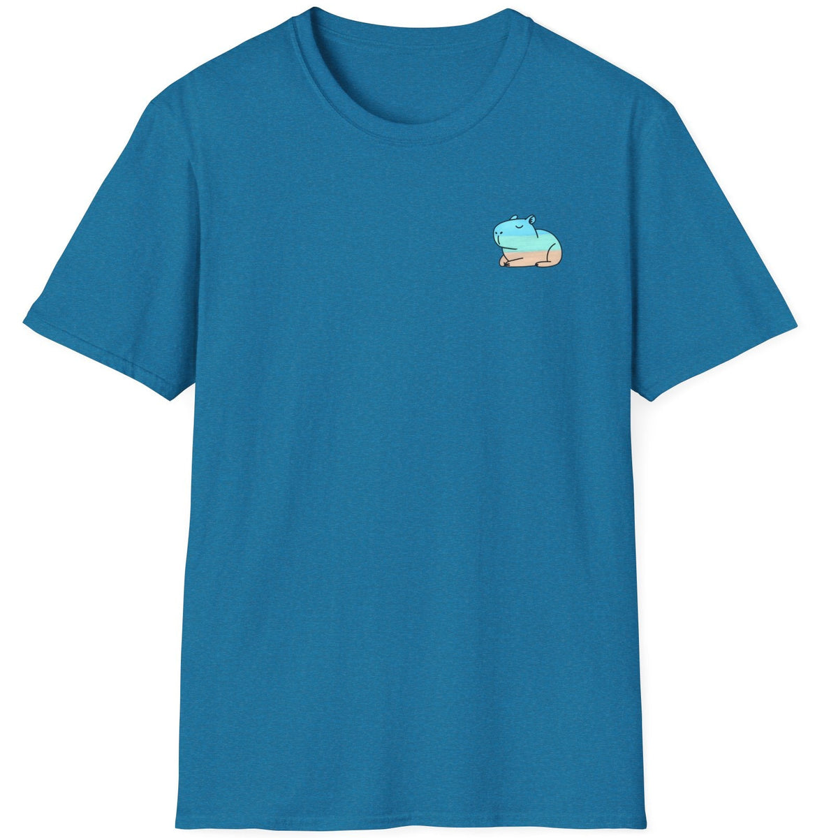 Blue t-shirt with an ocean painted capybara on a white background.