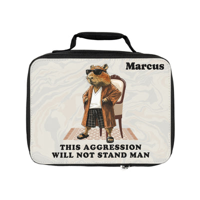 Personalized lunchbox with a cartoon capybara dressed in a bathrobe and sunglasses, text "This aggression will not stand man