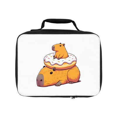 Lunch bag with cute cartoon capybara sitting on a donut stack design in bright colors