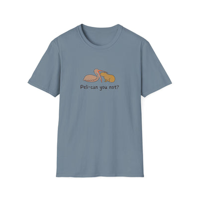 Blue t-shirt with a pelican attempting to eat a capybara and the humorous text "peli-can you not?" on it 