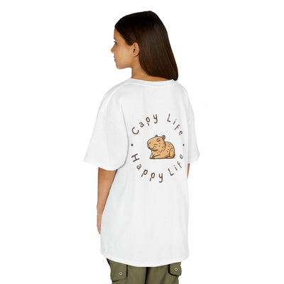 White graphic t-shirt for children with "Capy Life" and happy capybara illustration design
