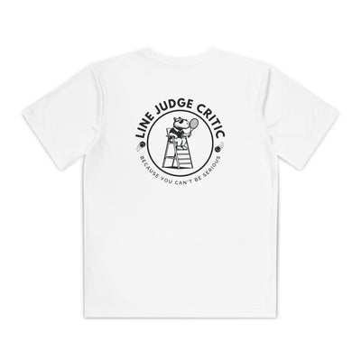 White youth performance t-shirt with black text "Line Judge Critic" and capybara character illustration
