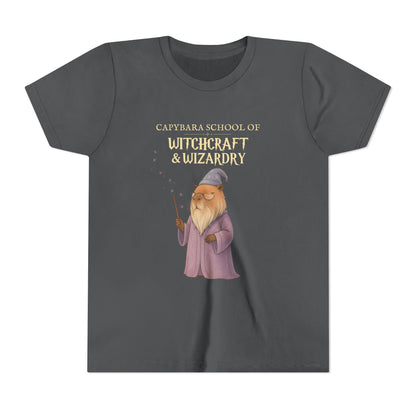 Whimsical Youth Tee - Capybara School of Witchcraft & Wizardry, Wizard School Gift |  Youth Professor Chillindore Unisex Tee