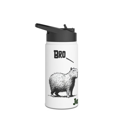 White water bottle with black text "Bro" and an illustration of a capybara or similar rodent.
