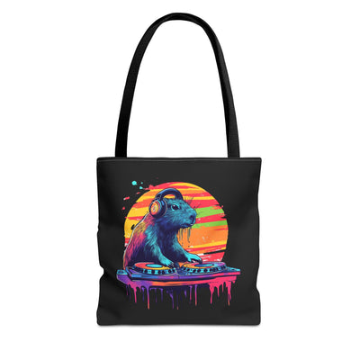 Vibrant tote bag featuring a colorful capybara DJ against a sunset background, headphones on, surrounded by music equipment.