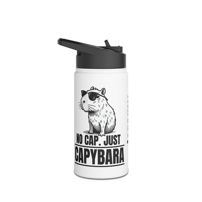 White water bottle with black cap and a cartoon capybara illustration and text "NO CAP. JUST CAPYBARA