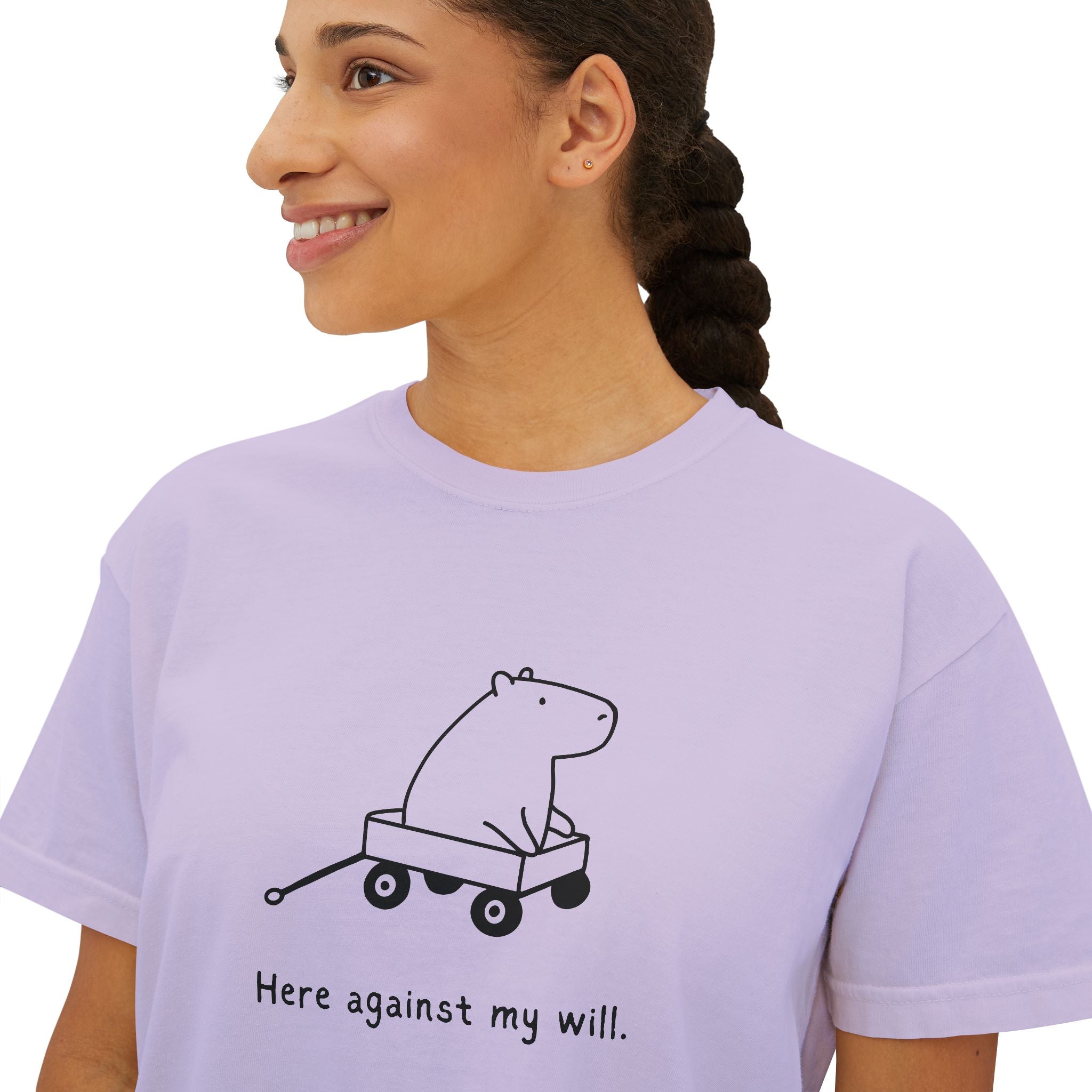 Funny Womens Shirt - Here Against My Will Capybara Boxy Tee