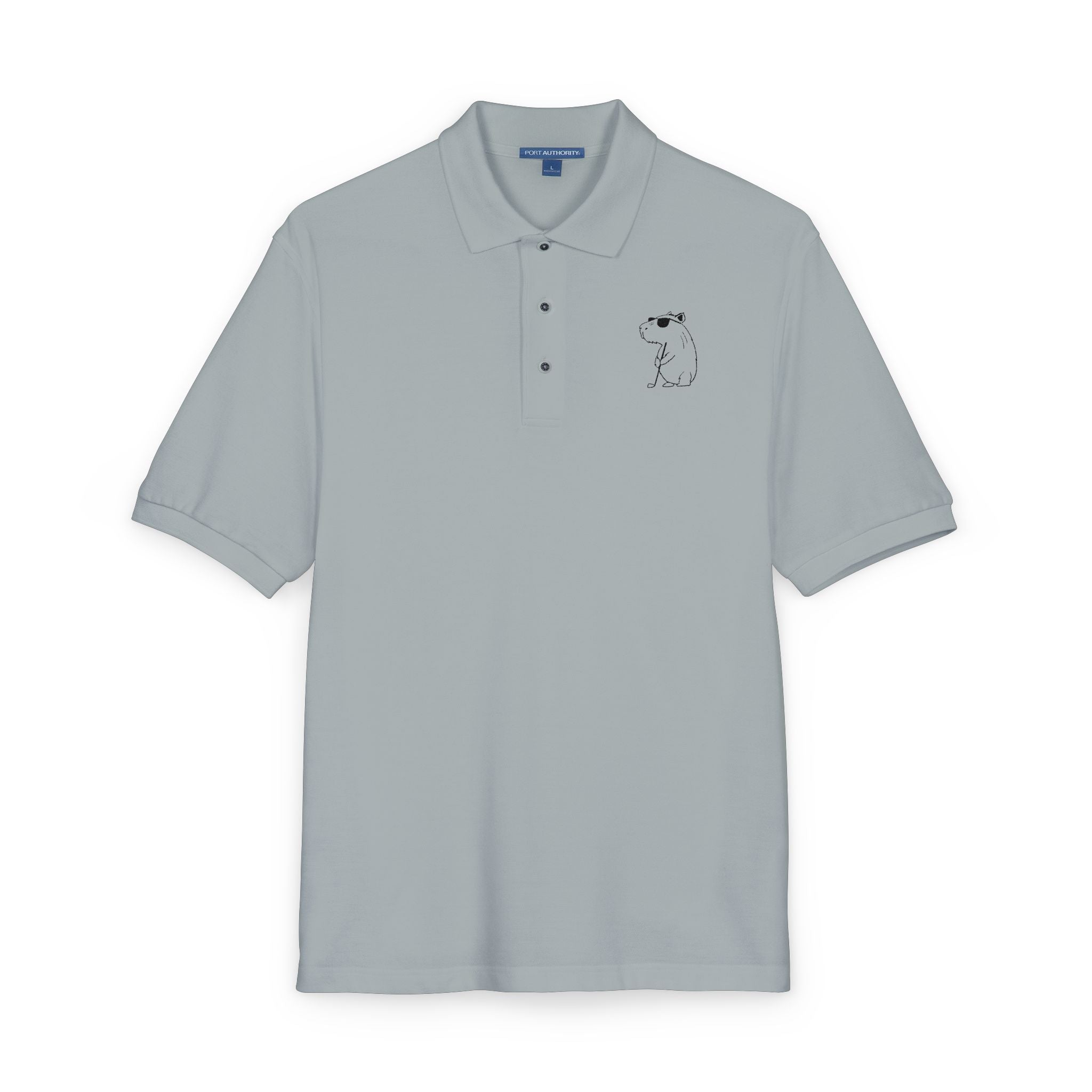Gray polo shirt with embroidered capybara design - casual golf-themed apparel
