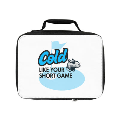 Personalized lunchbox with text "Cold Like Your Short Game" and a capybara design, available in custom names.