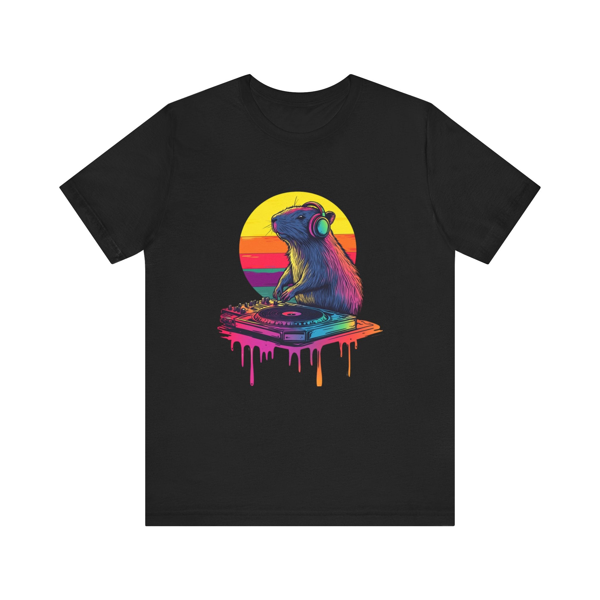 Retro DJ Capybara Single Disk - Unisex Adult Short Sleeve Tee