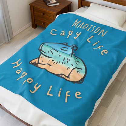Capy Life Happy Life Personalized Blanket | Custom Name Fleece Throw | Cozy Capybara Gift