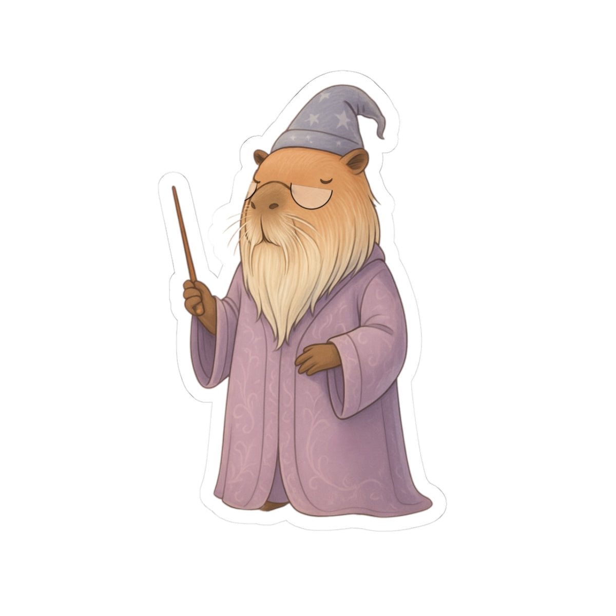 Colorful illustration of a friendly wizard character in a purple robe, holding a magic wand, on a sticker.
