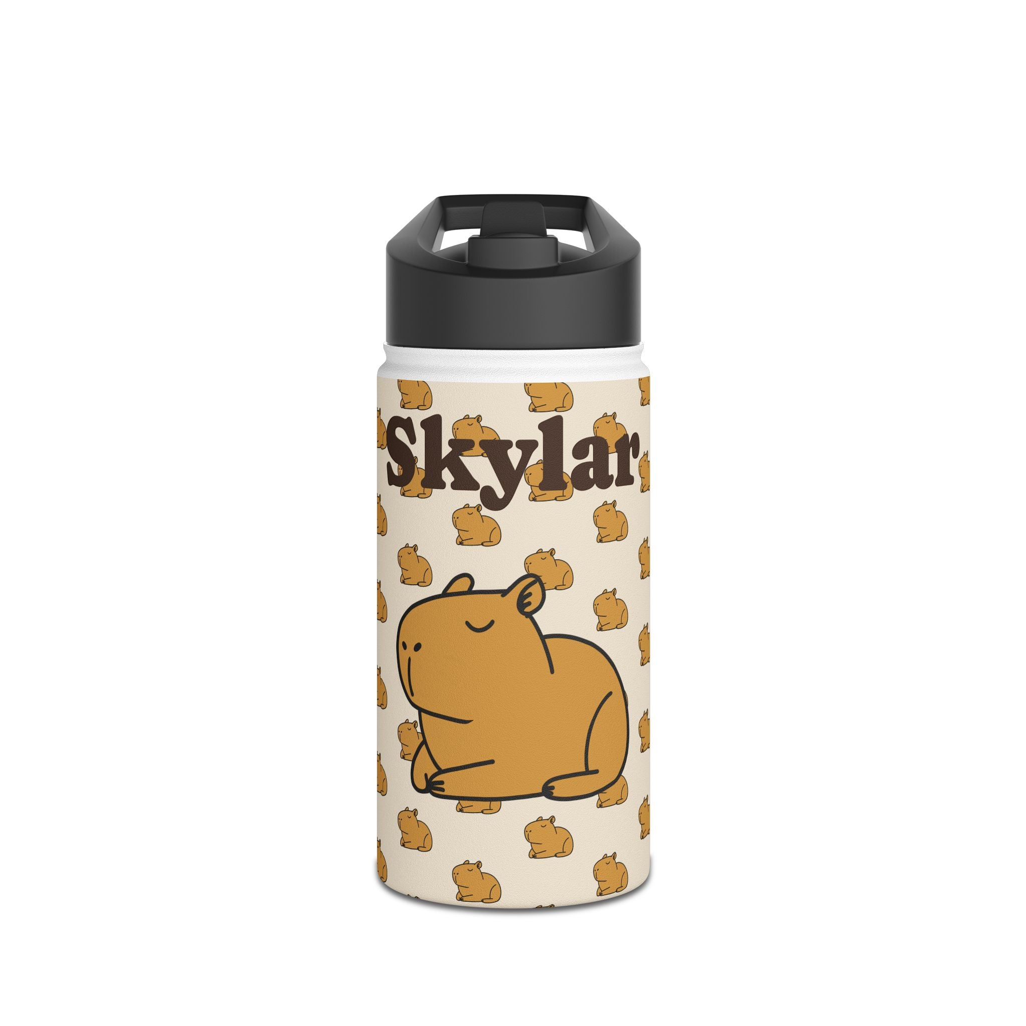 Water bottle with cartoon capybara design and name personalization on a white background