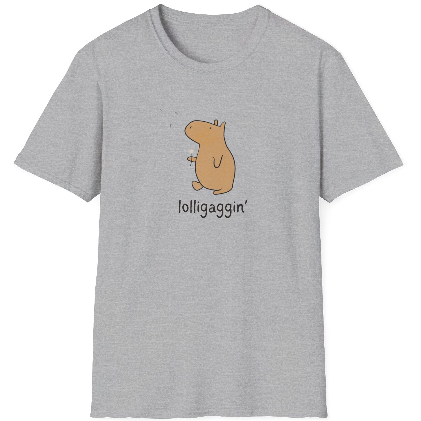 A light gray heather crewneck t-shirt featuring a cartoon capybara graphic in tan with the text 'lolligaggin'' printed below it, displayed on a clean white background.