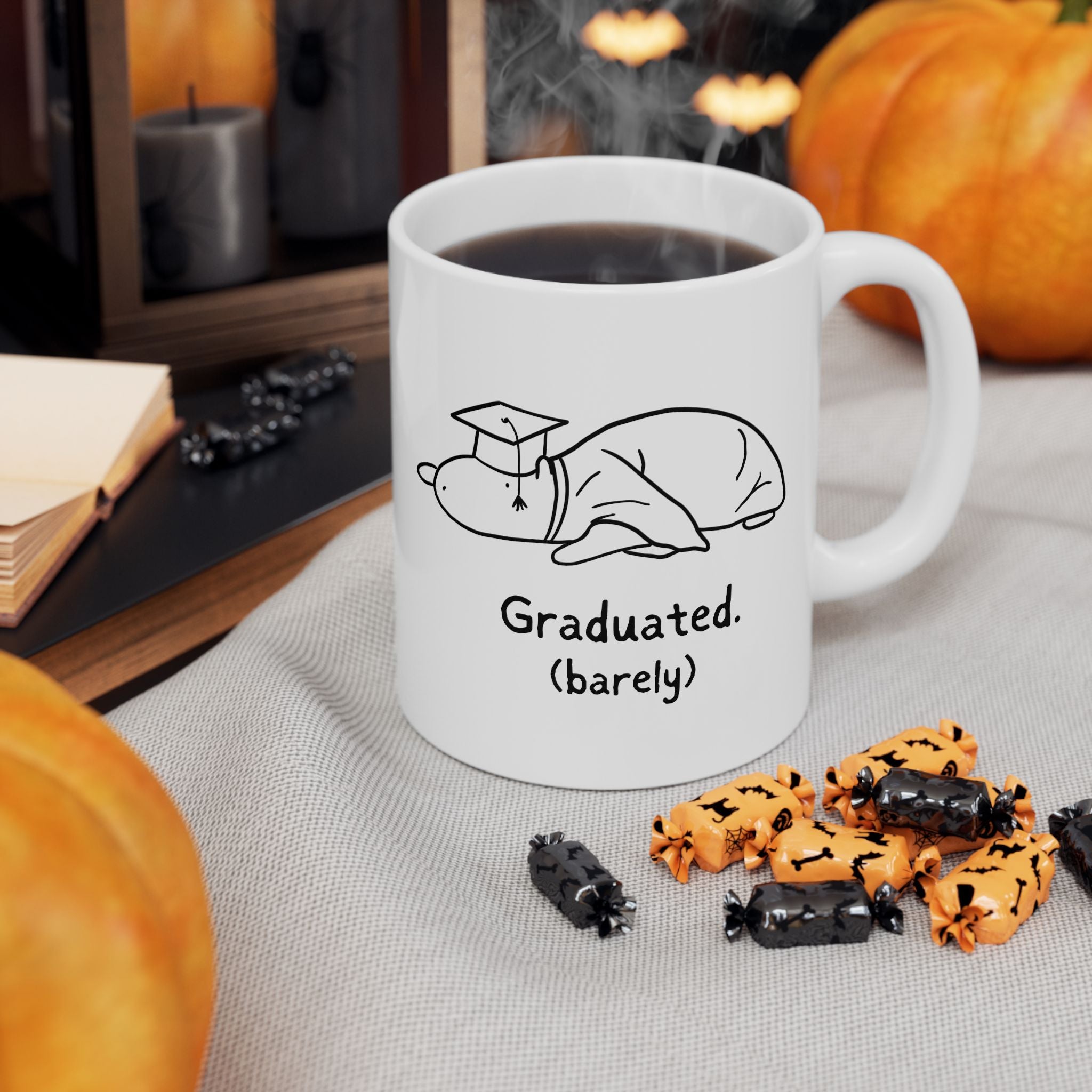 Funny Graduation Mug – “Graduated (Barely)” Capybara Coffee Mug
