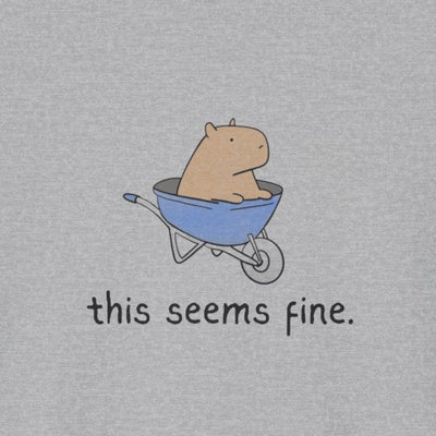 Gray tshirt with a capybara in a wheelbarrow and the humorous text "this seems fine."