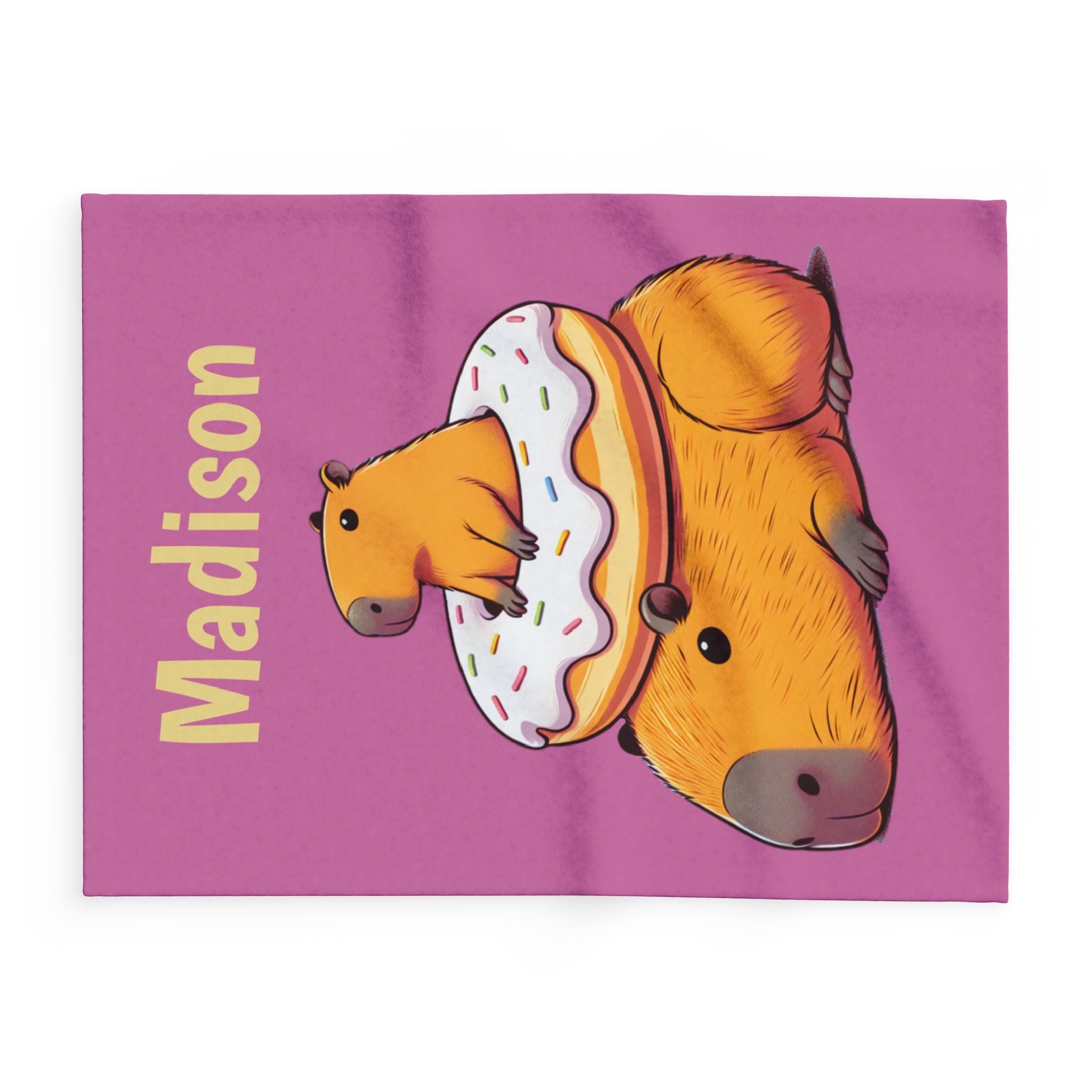 Personalized Capybara Blanket | Custom Name Kids Blanket with Donut & Baby Capybara
