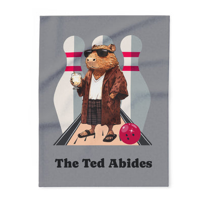 Whimsical drawing of a stylish capybara character holding a milkshake, with bowling pins in the background and text "The Ted Abides
