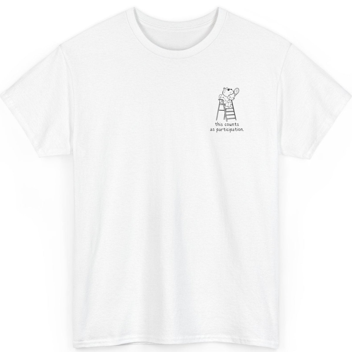 White t-shirt with a capybara tennis logo on the chest against a white background