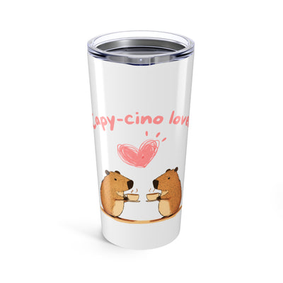 20oz tumbler with capybaras holding coffee cups and heart-shaped text "capy-cino love