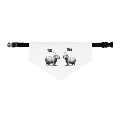 White pet bandana with black and white illustration of two capybaras labeled "Bro Bro