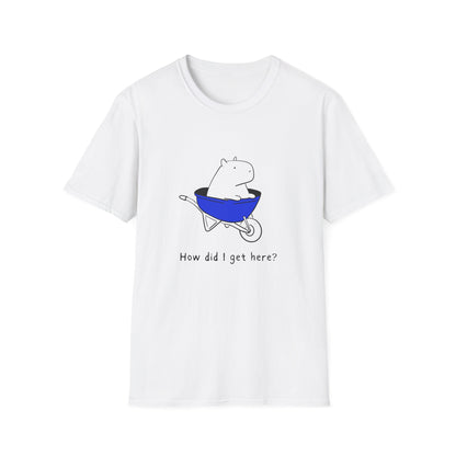 White t-shirt with a cartoon capybara in a blue wheelbarrow and the text "How did I get here?
