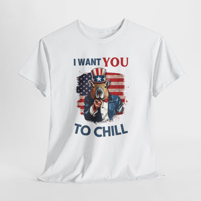 White t-shirt with a patriotic design featuring a bear wearing an Uncle Sam hat and the text "I WANT YOU TO CHILL".