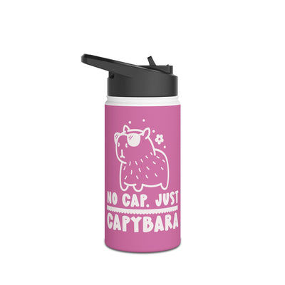 Personalized pink kids water bottle with a whimsical capybara design and the text "No Cap. Just Capybara".
