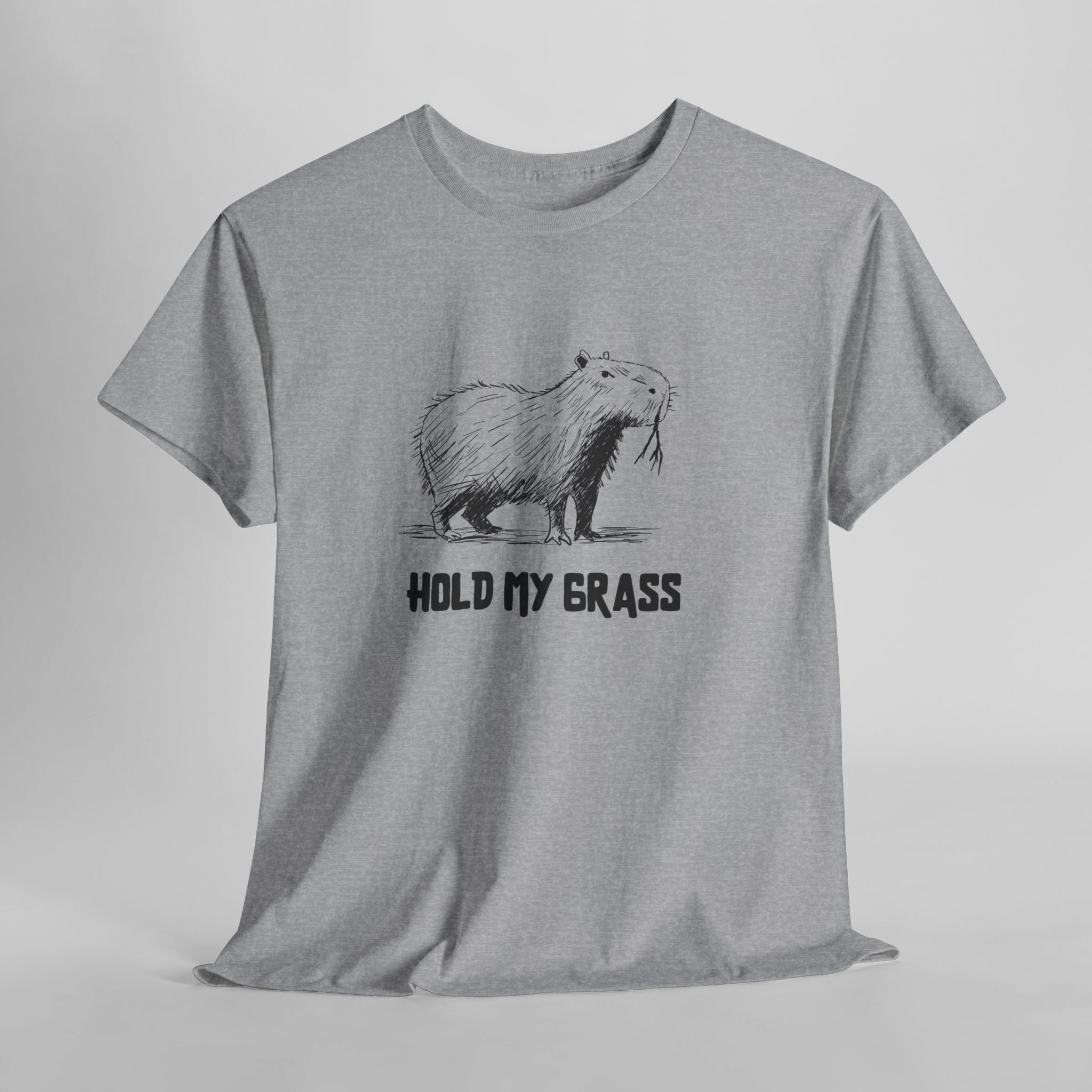 Gray t-shirt with sketched image of a capybara and the text "Hold My Grass".