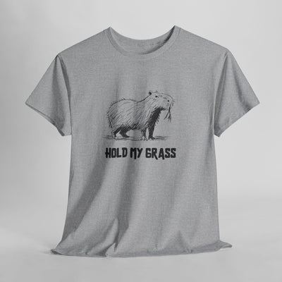 Gray t-shirt with sketched image of a capybara and the text "Hold My Grass".