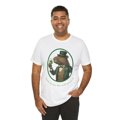 St Patrick's Day Luck Favors the Well Prepared Tee -  Distinguished Capybara Unisex Jersey Short Sleeve Shirt