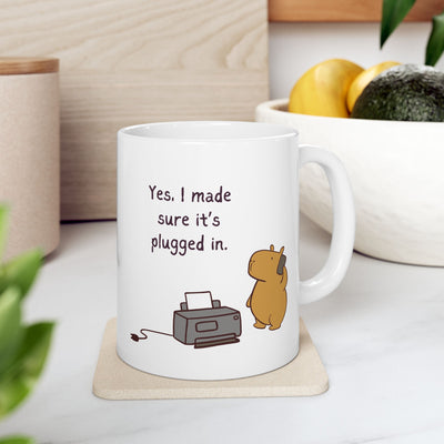 Funny IT Capybara Coffee Mug – “Yes, I Made Sure It’s Plugged In” Mug