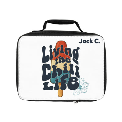 Personalized kids lunchbox with retro "Living the Chill Life" icy pop design and custom name option in bold bubble letters.