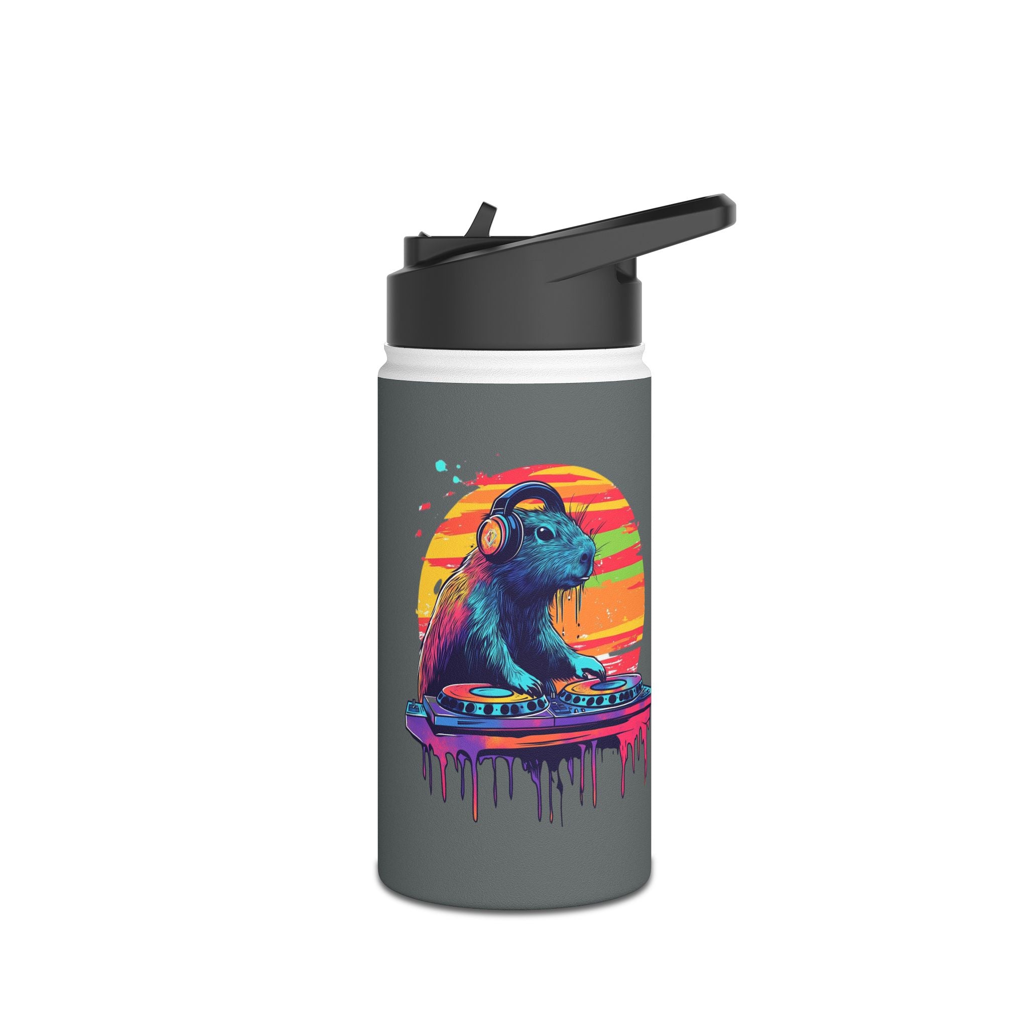 Music Lover Kids Water Bottle – DJ Capybara – Drippy Sun Design – 12oz Stainless Steel Bottle – Back to School or Birthday Gift - Matching Lunchbox