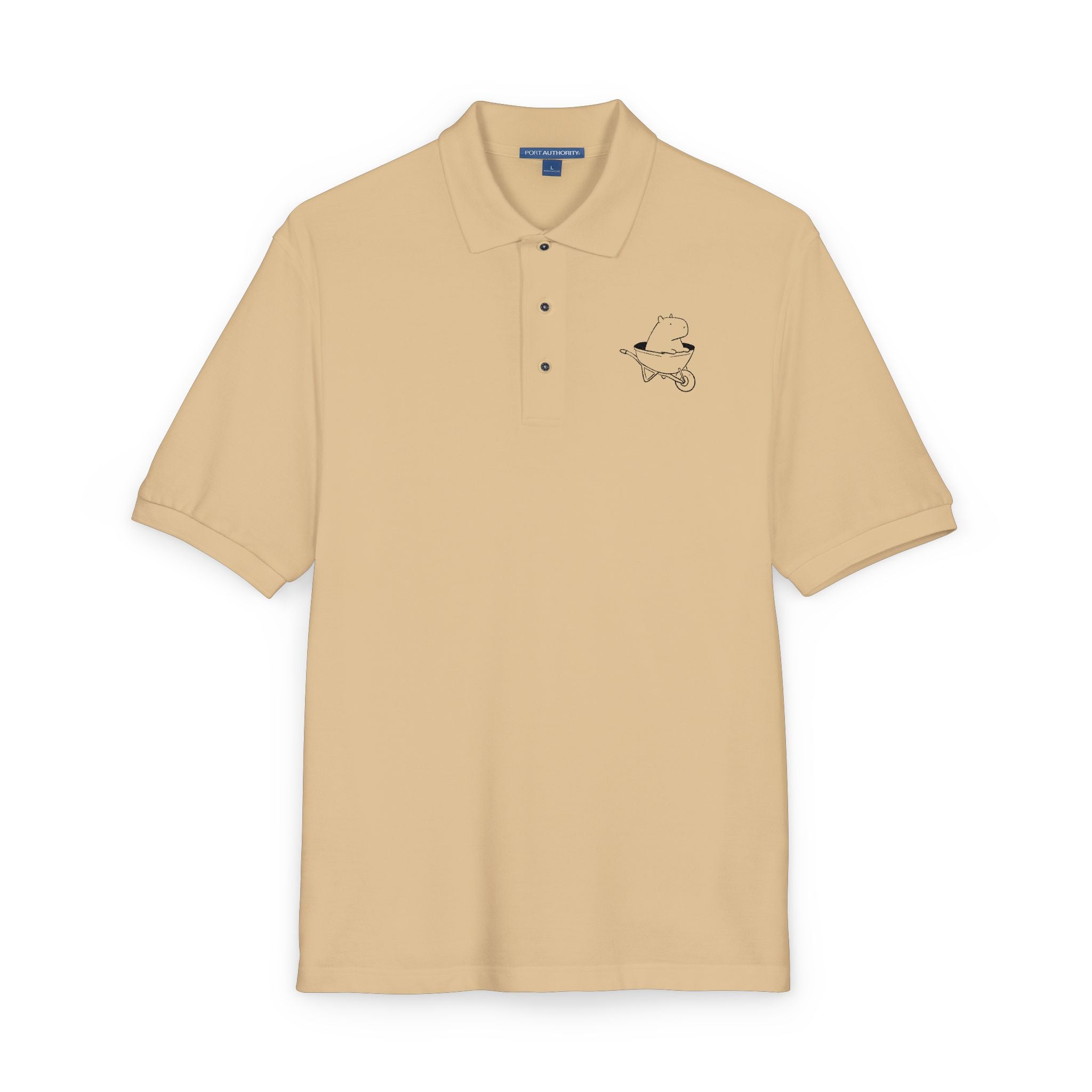 Beige polo shirt with embroidered capybara cartoon image and text-free design