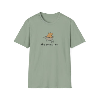 Greenvtshirt with a capybara in a wheelbarrow and the humorous text "this seems fine."