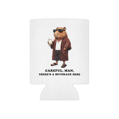 Beverage koozie featuring a capybara character wearing sunglasses and a coat, with the text "Careful, man, there's a beverage here