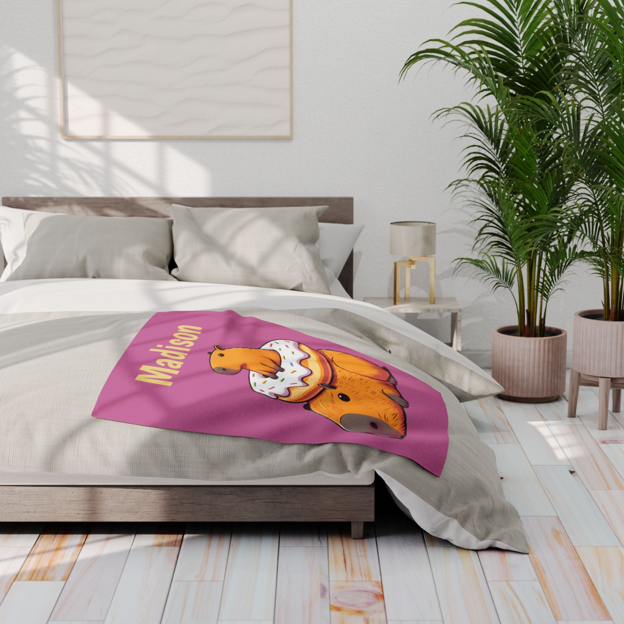 Personalized Capybara Blanket | Custom Name Kids Blanket with Donut & Baby Capybara