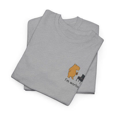 "I'm working"- Funny Grilling Capybara Left Logo Heavy Tee