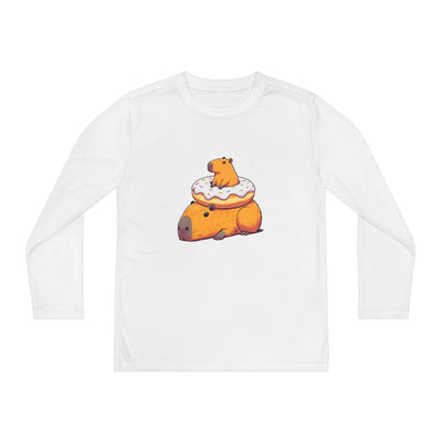 Whimsical illustration of an orange capybara relaxing on a pink donut on a white long sleeve tee