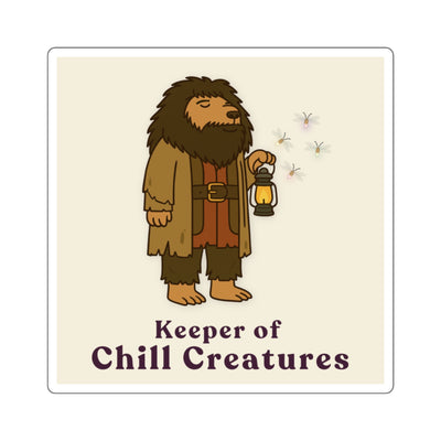 Illustrated character with a beard holding a lantern, text "Keeper of Chill Creatures" on cream background.