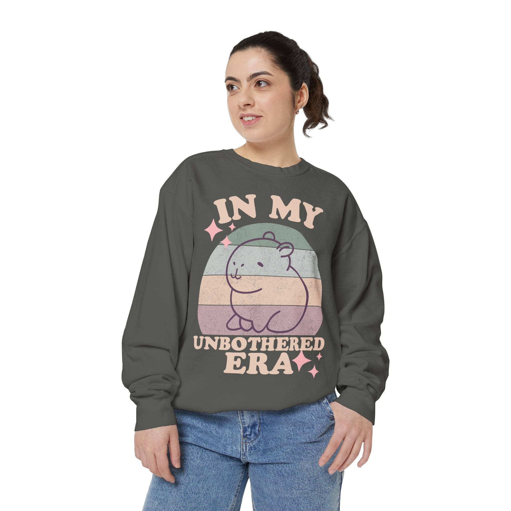 In My Unbothered Era Capybara Sweatshirt – Funny Chill Era Crewneck for Adults – Cozy Capy Life Retro Sun Design