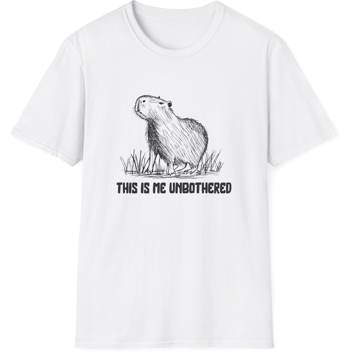 White t-shirt with a hand drawn capybara and text 'This is me unbothered' on a white background