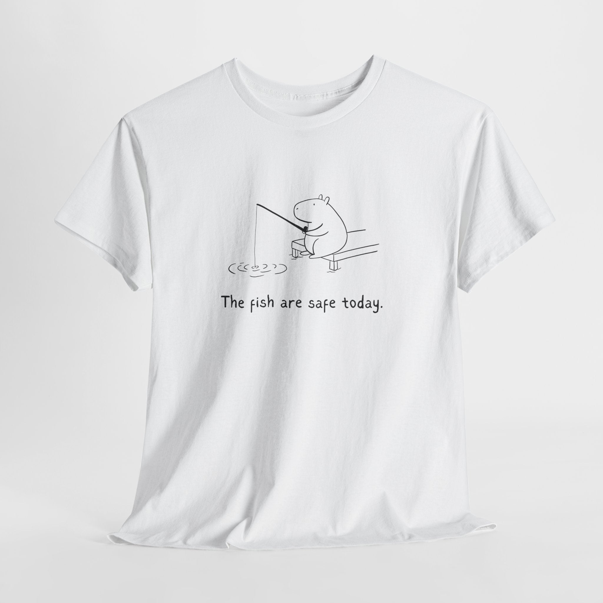 Funny Capybara Fishing T-Shirt for Adults | "The fish are safe today." Heavy Tee