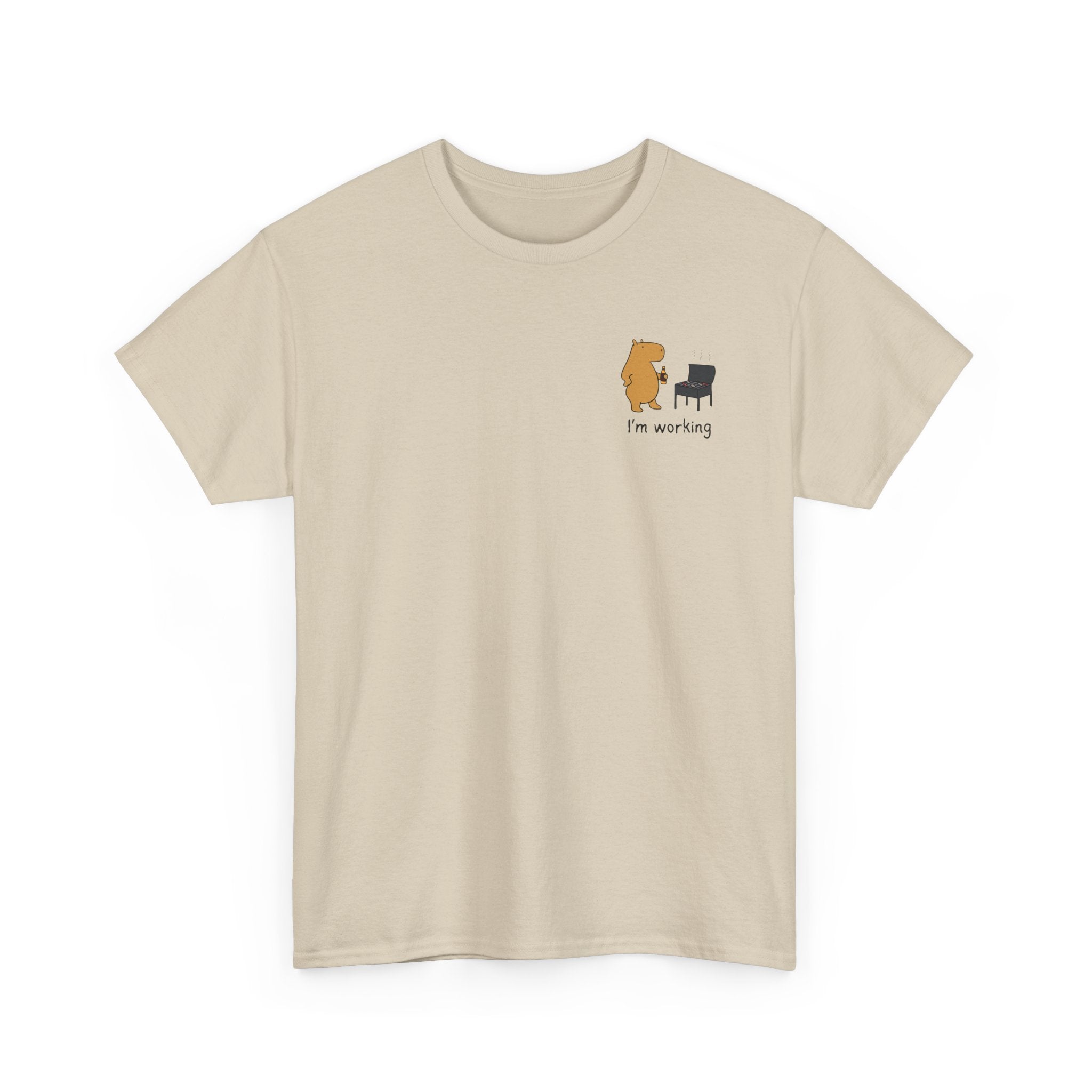 "I'm working"- Funny Grilling Capybara Left Logo Heavy Tee