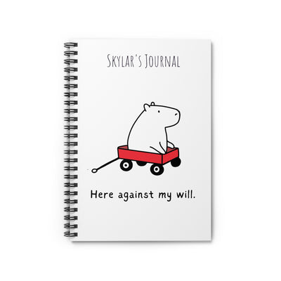 Personalized spiral-bound notebook with cute black and white capybara illustration pulling a red wagon, and "Skylar's Journal" text.