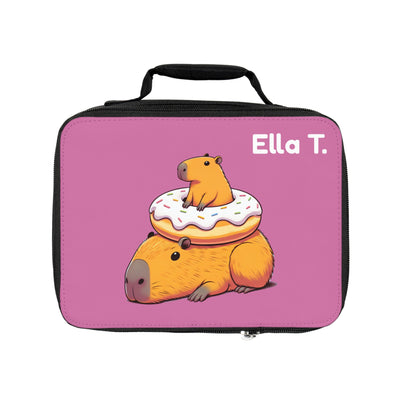 Personalized pink capybara-themed lunch bag with a donut design, featuring adorable cartoon animals on a vibrant background.