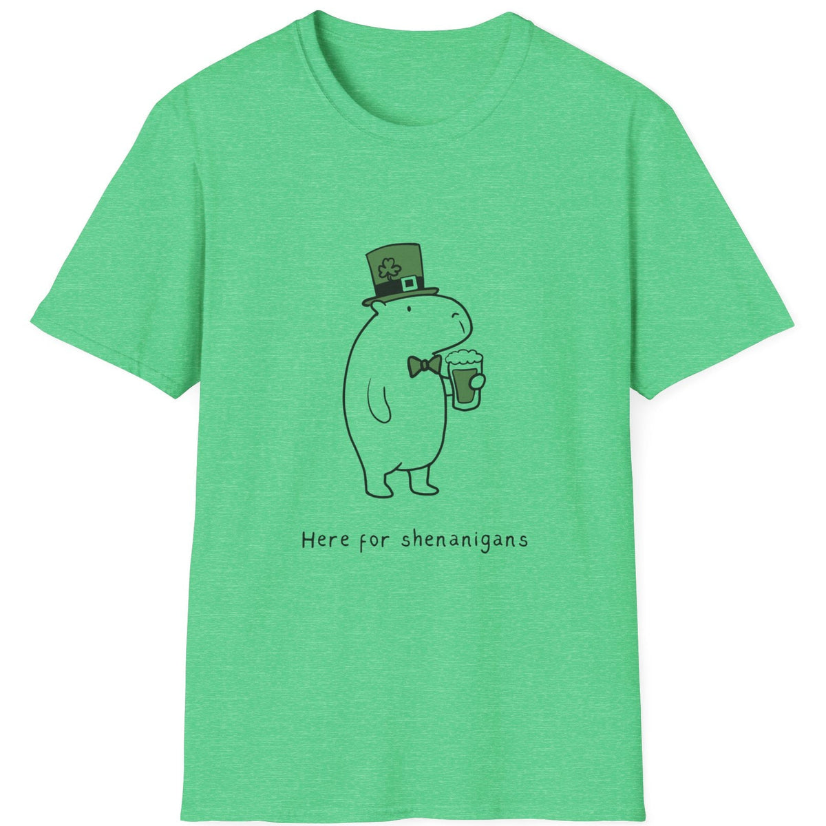 Green t-shirt with a cartoon capybara wearing a leprechaun hat and holding a beer, text "Here for shenanigans