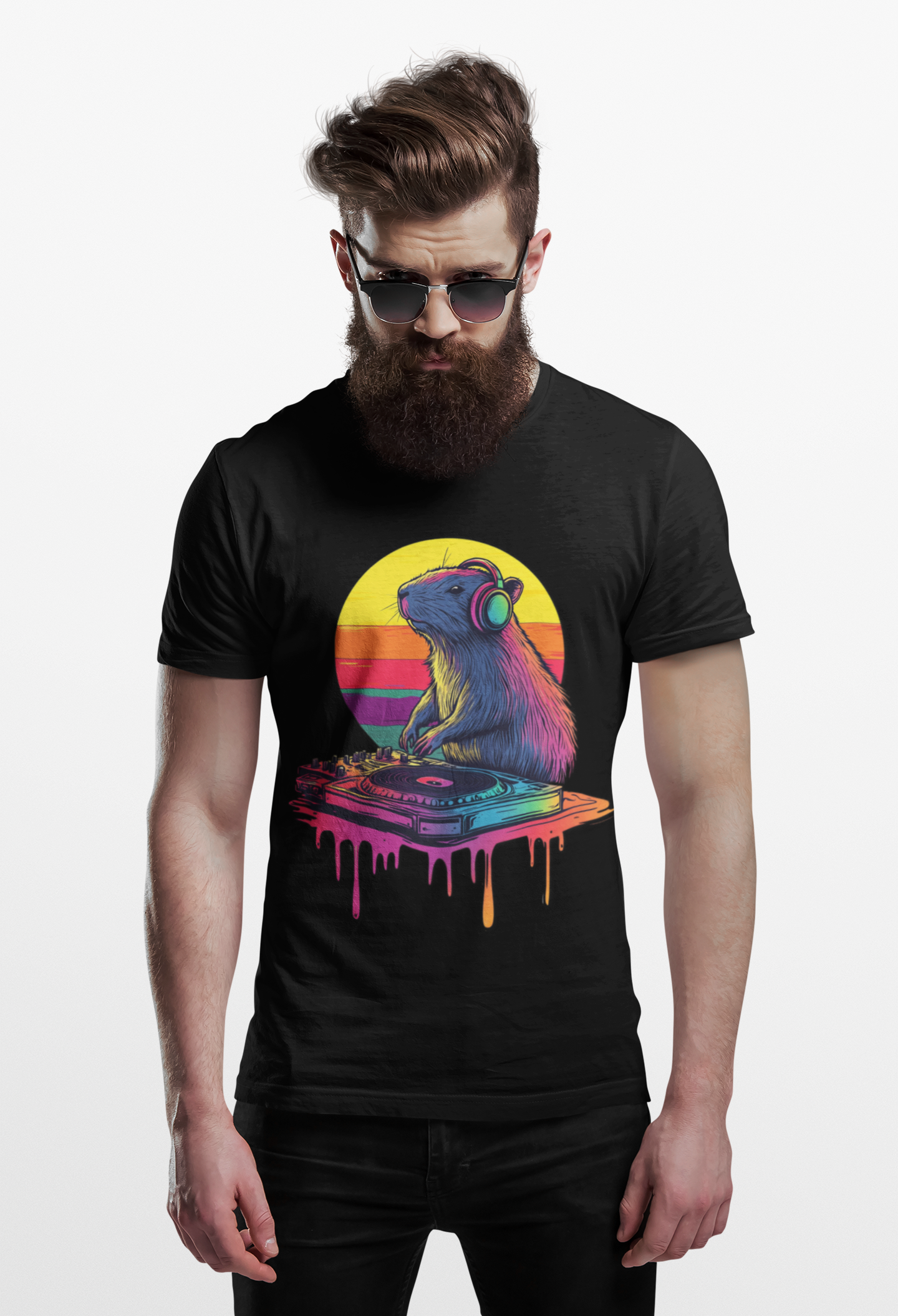 Retro DJ Capybara Single Disk - Unisex Adult Short Sleeve Tee