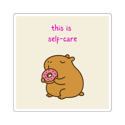 Cute cartoon capybara holding a pink donut, with text "this is self-care" in pink text on a cream-colored background.